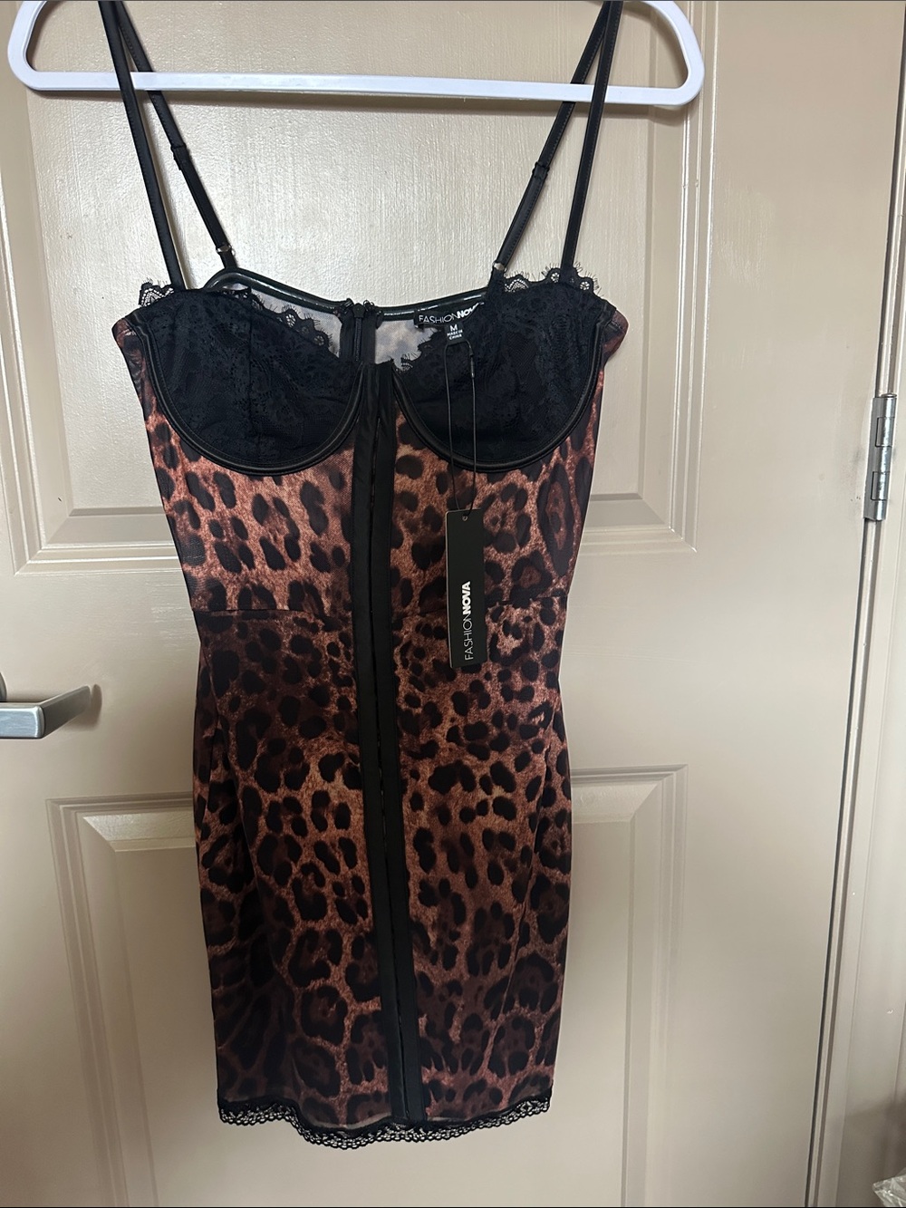 Fashion Nova Leopard-Print Lace Slip Dress - Black and Brown